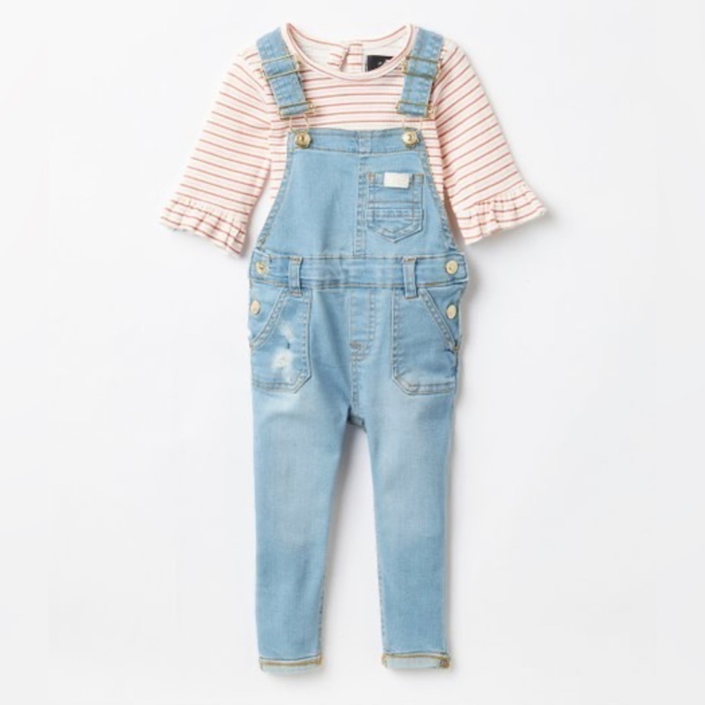 7 for All Mankind Girls 2 Piece Set 18m Ruffle-Sleeve Shirt Overall Denim Pants